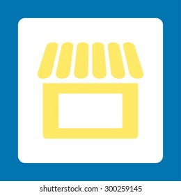 Shop icon. This flat rounded square button uses yellow and white colors and isolated on a blue background.