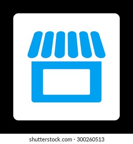 Shop icon. This flat rounded square button uses blue and white colors and isolated on a black background.