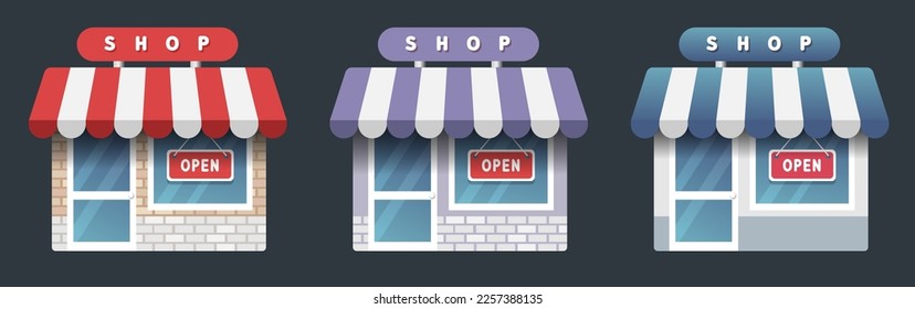 Shop icons. 3d shop icons. Shop with brick walls. Store with glass doors. Vector clipart isolated on white background.