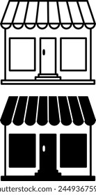 Iconos de tienda. Iconos vectoriales en blanco y negro del edificio de la tienda Pequeña. Concepto de Compras y Arquitectura