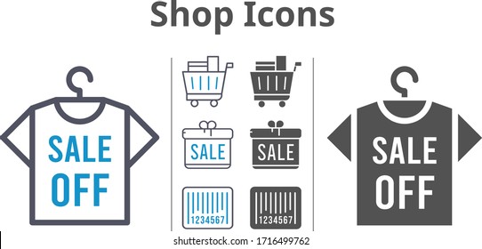 shop icons icon set included gift, shirt, shopping cart, barcode icons