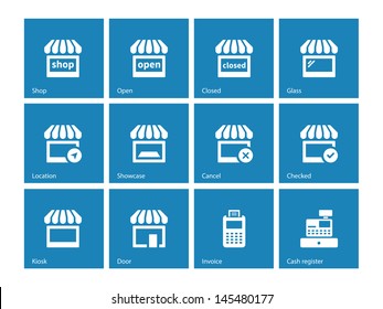 Shop Icons on blue background. Vector illustration.