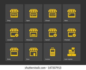 Shop-Symbole auf grauem Hintergrund. Vektorgrafik.