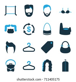 Shop icons set. set of 16 shop bi-color icons such as baby potty, man hairstyle, hanger, tag, hairstyle, money, clothes on hanger, bra