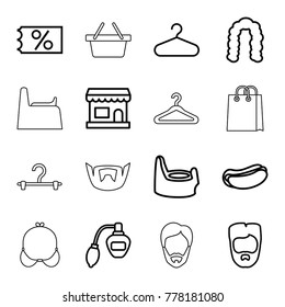 Shop icons. set of 16 editable outline shop icons such as baby potty, perfume, hairstyle, man hairstyle, hanger, ticket on sale, hot dog, store, bra, shopping bag