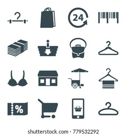Shop icons. set of 16 editable filled shop icons such as bag, shopping bag, fast food cart, 24 support, shopping cart, hanger, money, bra, barcode, ticket on sale