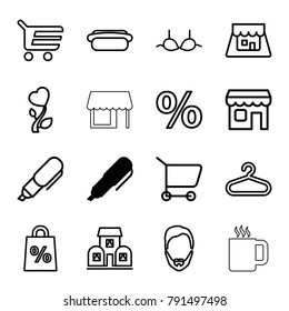 Shop icons. set of 16 editable outline shop icons such as pen, hanger, man hairstyle, bra, shopping cart, heart flower, shopping sale, percent, shop, building, hot dog, store