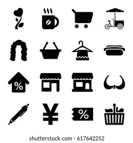 Shop icons set. set of 16 shop filled icons such as hairstyle, bra, hanger, coffee, pen, fast food cart, heart flower, mortgage, hot dog, store, shopping bag, shopping basket