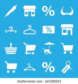 Shop icons set. set of 16 shop filled icons such as hanger, bra, pen, fast food cart, cargo tag, shopping cart, store, percent, shopping basket