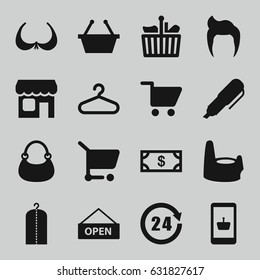 Shop icons set. set of 16 shop filled icons such as baby potty, man hairstyle, bra, money, clothes on hanger, hanger, bag, shop, shopping cart, 24 hours, open plate, pen