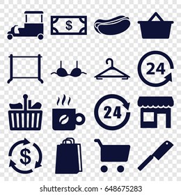 Shop icons set. set of 16 shop filled icons such as hanger, money, bra, shopping bag, hot dog, fast food cart, 24 support, coffee, butcher knife, 24 hours, store