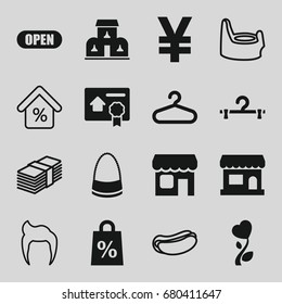 Shop icons set. set of 16 shop filled and outline icons such as hanger, bag, heart flower, shop, bill of house sell, building, open, store, shopping sale, baby potty
