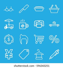shop icons set. Set of 16 shop outline icons such as man hairstyle, tag, hanger, Money, bra, pen, fast food cart, coffee, hot dog, butcher knife, shopping basket