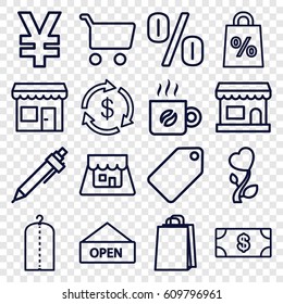 Shop icons set. set of 16 shop outline icons such as tag, Money, clothes on hanger, shopping bag, pen, heart flower, shop, coffee, store, open plate, shopping cart, yuan