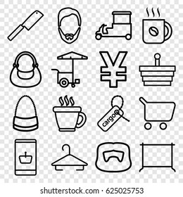 Shop icons set. set of 16 shop outline icons such as coffee, man hairstyle, hanger, bag, fast food cart, cargo tag, butcher knife, shopping basket, shopping cart