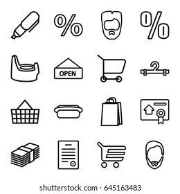 Shop icons set. set of 16 shop outline icons such as baby potty, man hairstyle, hanger, shopping bag, bill of house sell, bill of house, hot dog, open plate, pen