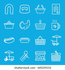 Shop icons set. set of 16 shop outline icons such as hairstyle, man hairstyle, coffee, hot dog, fast food cart, cargo tag, turkey, bill of house, shopping basket, store