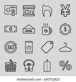 Shop icons set. set of 16 shop outline icons such as man hairstyle, tag, money, clothes on hanger, hanger, bag, coffee, bill of house sell, 24 hours, open plate