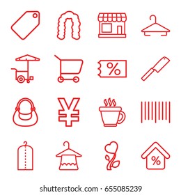 Shop icons set. set of 16 shop outline icons such as store, tag, coffee, hairstyle, hanger, clothes on hanger, bag, fast food cart, bar code, heart flower, mortgage