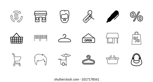 Shop icons. set of 18 editable outline shop icons: pen, hanger, man hairstyle, bag, store, percent, cargo tag, shopping bag, open plate, money, barcode, shopping cart