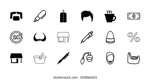 Shop icons. set of 18 editable filled and outline shop icons: coffee, man hairstyle, bra, baby potty, perfume, money, bag, pen, 24 hours, store, clothes on hanger