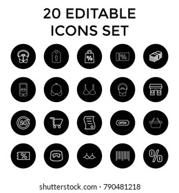Shop icons. set of 20 editable outline shop icons such as man hairstyle, bra, bag, ticket on sale, store, bar code, percent. best quality shop elements in trendy style.