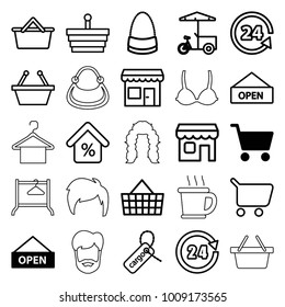 Shop icons. set of 25 editable outline shop icons such as shopping cart, open plate, bag, shopping basket, fast food cart, cargo tag, 24 support, shopping bag, shop, mortgage