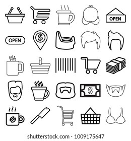 Shop icons. set of 25 editable outline shop icons such as baby potty, man hairstyle, coffee, shopping basket, shopping cart, dollar location, bar code, shopping bag, open