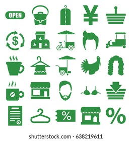 Shop icons set. set of 25 shop filled icons such as store, man hairstyle, hanger, coffee, hairstyle, money, clothes on hanger, bra, bag, fast food cart, turkey, bill of house