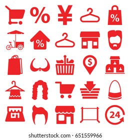 Shop icons set. set of 25 shop filled icons such as man hairstyle, hanger, hairstyle, bra, bag, shopping bag, fast food cart, 24 support, shop, mortgage, building
