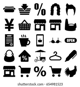 Shop icons set. set of 25 shop filled icons such as baby potty, man hairstyle, hanger, coffee, hairstyle, bra, bag, fast food cart, turkey, shop, mortgage, bill of house, open