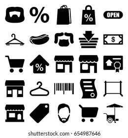 Shop icons set. set of 25 shop filled icons such as tag, man hairstyle, hanger, money, shopping bag, hot dog, fast food cart, shop, mortgage, bill of house sell, open