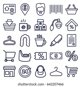 Shop icons set. set of 25 shop outline icons such as baby potty, hanger, perfume, coffee, hairstyle, man hairstyle, money, bag, bar code, mortgage, bill of house sell