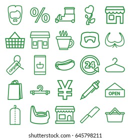 Shop icons set. set of 25 shop outline icons such as baby potty, coffee, man hairstyle, bra, clothes on hanger, hanger, shopping bag, pen, hot dog, fast food cart, cargo tag