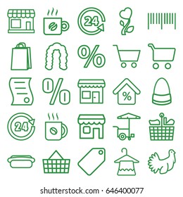 Shop icons set. set of 25 shop outline icons such as store, tag, hairstyle, hanger, bag, coffee, shopping bag, fast food cart, 24 support, heart flower, turkey, shop, mortgage