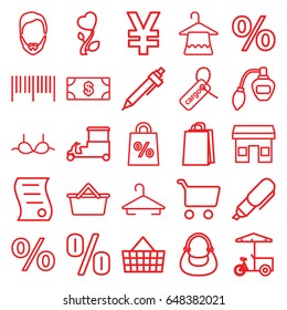 Shop icons set. set of 25 shop outline icons such as perfume, man hairstyle, hanger, money, bra, bag, shopping bag, pen, fast food cart, cargo tag, heart flower