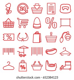 Shop icons set. set of 25 shop outline icons such as baby potty, perfume, man hairstyle, hanger, bra, bag, shopping bag, hot dog, fast food cart, 24 support, bar code