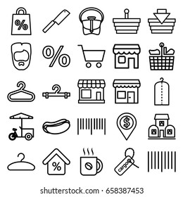 Shop icons set. set of 25 shop outline icons such as store, hanger, man hairstyle, clothes on hanger, bag, coffee, hot dog, fast food cart, cargo tag, bar code, shop, mortgage