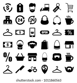 Shop icons. set of 36 editable filled shop icons such as coffee, man hairstyle, money, hanger, bag, shopping bag, shopping basket, ticket on sale, store, fast food cart
