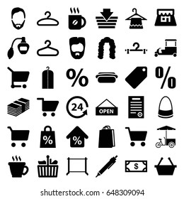 Shop icons set. set of 36 shop filled icons such as hanger, perfume, tag, coffee, hairstyle, man hairstyle, money, clothes on hanger, bag, shopping bag, pen, fast food cart