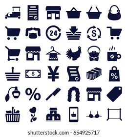 Shop icons set. set of 36 shop filled icons such as perfume, tag, hairstyle, man hairstyle, hanger, money, bra, bag, fast food cart, heart flower, turkey, shop