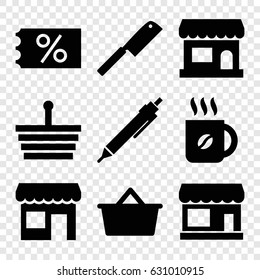 Shop icons set. set of 9 shop filled icons such as store, coffee, pen, butcher knife, shopping bag, shopping basket