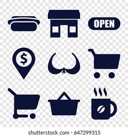 Shop icons set. set of 9 shop filled icons such as bra, coffee, open, hot dog, shopping cart, shopping bag, store