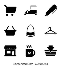 Shop icons set. set of 9 shop filled icons such as hanger, bag, coffee, fast food cart, pen, store, shopping basket