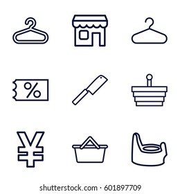 shop icons set. Set of 9 shop outline icons such as baby potty, hanger, shop, butcher knife, shopping basket, ticket on sale, yuan