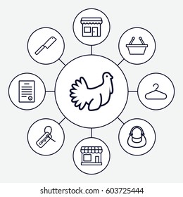 Shop icons set. set of 9 shop outline icons such as store, hanger, bag, cargo tag, turkey, bill of house, butcher knife