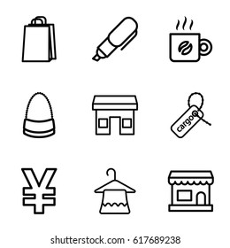 Shop icons set. set of 9 shop outline icons such as hanger, bag, shopping bag, cargo tag, coffee, pen, store
