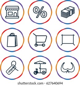 Shop icons set. set of 9 shop outline icons such as bra, hanger, shopping bag, fast food cart, cargo tag, money, store, shopping cart
