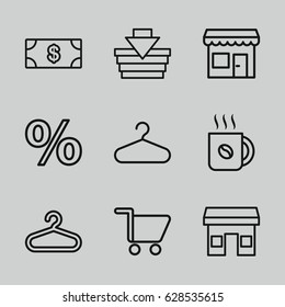 Shop icons set. set of 9 shop outline icons such as hanger, Money, coffee, shopping cart, store, shopping basket