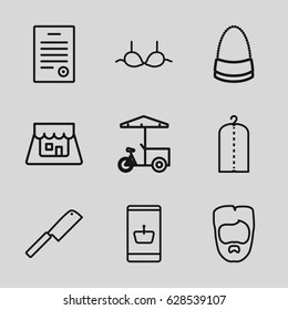 Shop icons set. set of 9 shop outline icons such as man hairstyle, clothes on hanger, bra, bag, fast food cart, shop, bill of house, butcher knife